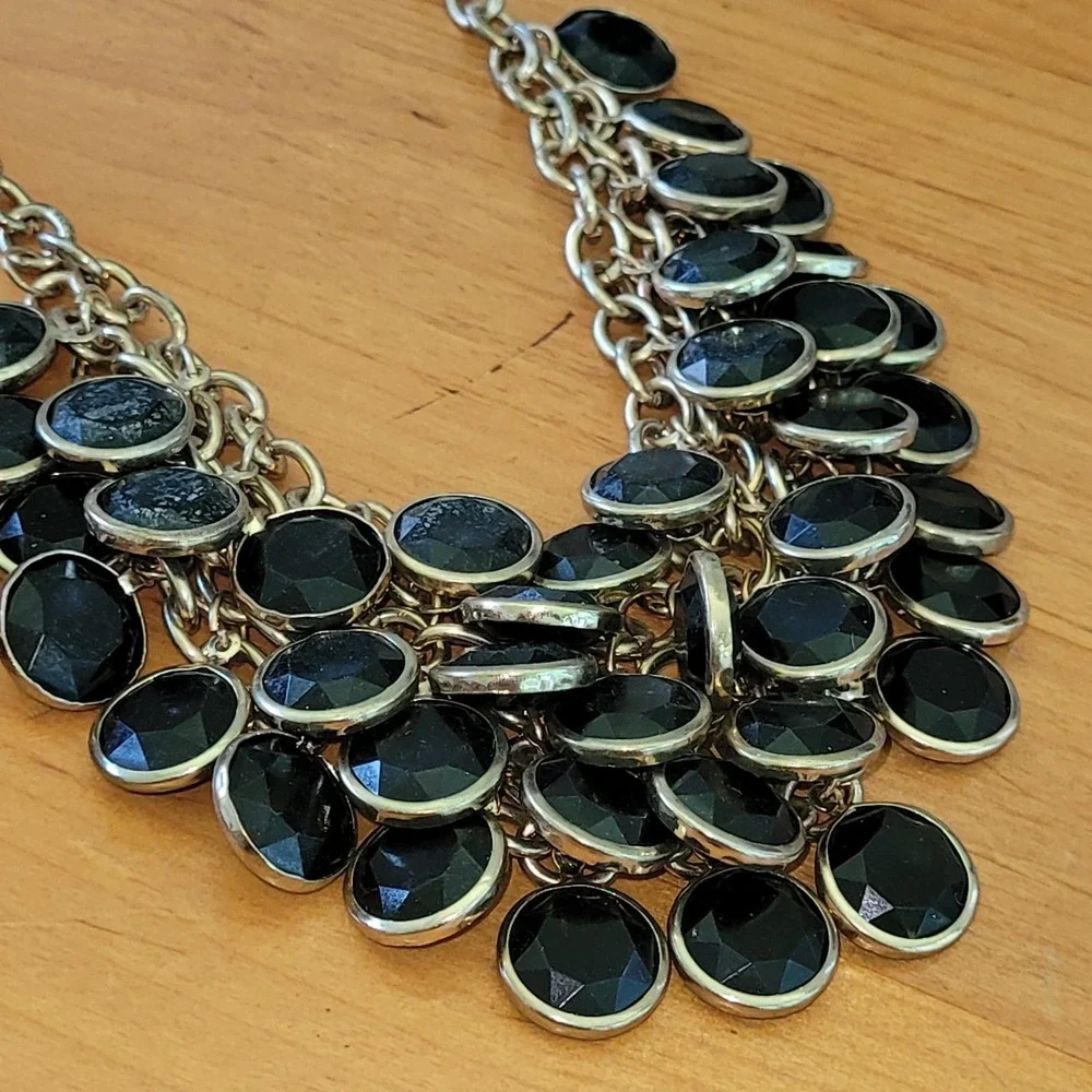 Chunky Faceted Bib Necklace Pair Black Red Cabochon Statement 20 Inch Lot Vtg